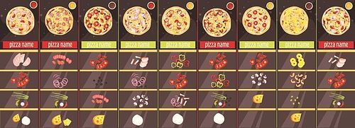 Menu template in cartoon style with baked pizza ingredients and sauces on brown background isolated vector illustration