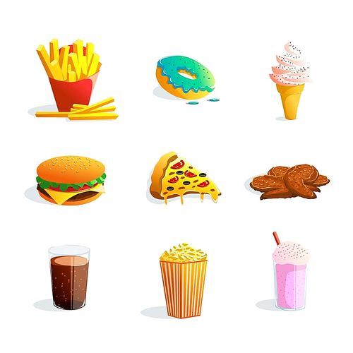 Fastfood cartoon icons set with ice cream popcorn pizza hamburger fried potato donut products flat vector illustration