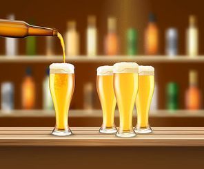 Four glasses with fresh lager beer on bar counter realistic vector illustration