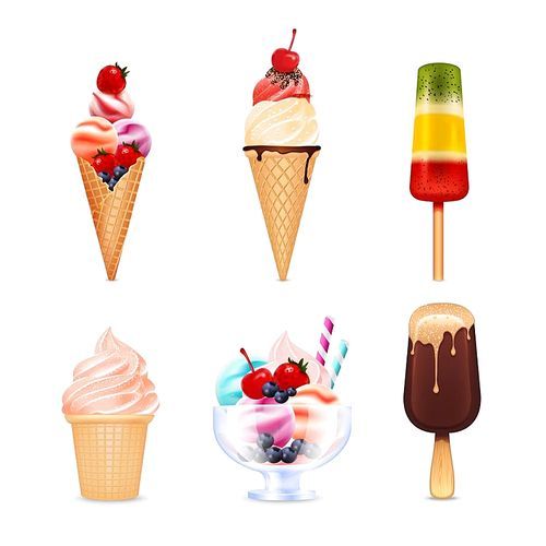 Delicious ice cream of different kinds with berries and chocolate realistic set isolated on white  vector illustration