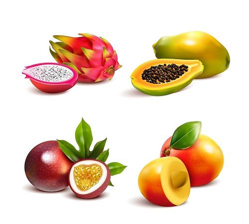 Ripe tropical fruits and slices realistic set with isolated images of mango pitaya papaya and passionfruit vector illustration