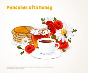 Pancakes with honey colored composition pancakes tea on breakfast and poured honey vector illustration