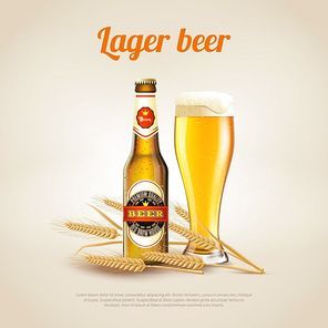 Realistic background with bottle and cup of cold lager wheat beer vector illustration