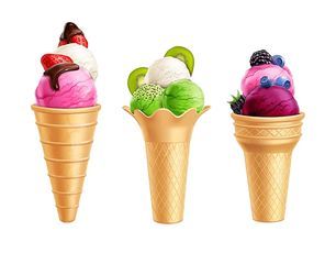 Realistic set of ice cream with fruits including strawberry, kiwi, blueberry in waffle cones isolated vector illustration