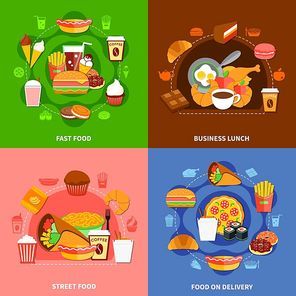 Fast food chains service  4 flat icons square with online orders and business lunch isolated vector illustration