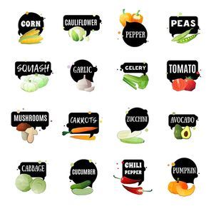 Vegetables label set with sixteen isolated garden produced green grocery polygonal images and appropriate naming tags vector illustration