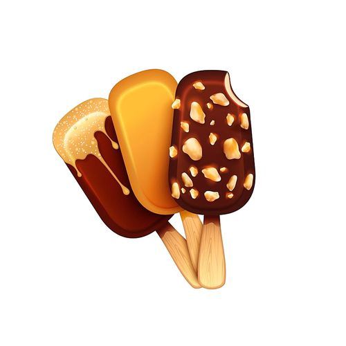 Realistic chocolate and caramel ice cream eskimo with topping and nuts on white background realistic vector illustration