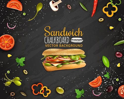 Sandwiches with ham cheese fresh paprika tomato onion champignons and olives realistic chalkboard background advertisement poster vector illustration