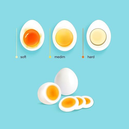 Boiled eggs infographical concept with three illustrated stages of egg boiling with slices and text captions vector illustration