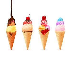 Ice cream cone set with four realistic colorful icecream wafers of different taste with berry toppings vector illustration
