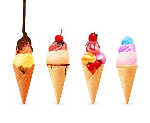 Ice cream cone set with four realistic colorful icecream wafers of different taste with berry toppings vector illustration