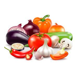 Vegetables realistic composition on white background with tomato onion sweet and hot pepper eggplant garlic courgette  mushroom vector illustration