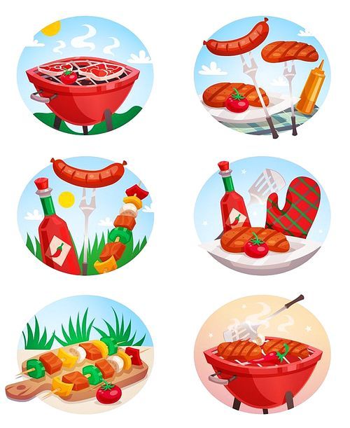 Outdoor barbecue set of isolated round compositions with bbq grill meat sauces and sky with clouds vector illustration