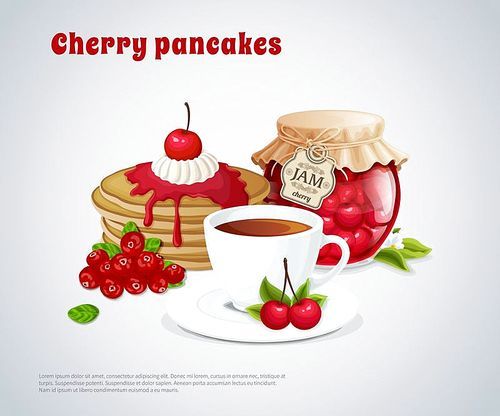 Cherry pancakes with jar of jam cup of tea flower and berries on grey background vector illustration