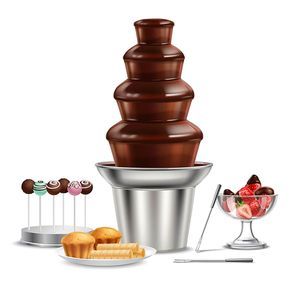 Colored chocolate fountain realistic composition with strawberries fondue fruitcake and cake popses vector illustration