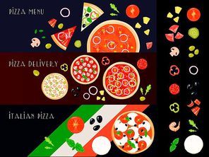Three italian pizza horizontal banners set with isolated filler ingredient icons and decorative pizza create images vector illustration