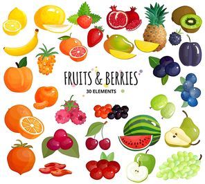 Mediterranean fruits and fresh farmers market berries mix colorful 30 icons composition white background poster vector illustration