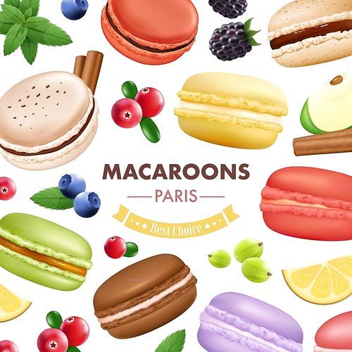 Macaroon composition with isolated almond cookies mint fruits and berries images of different colour with text vector illustration