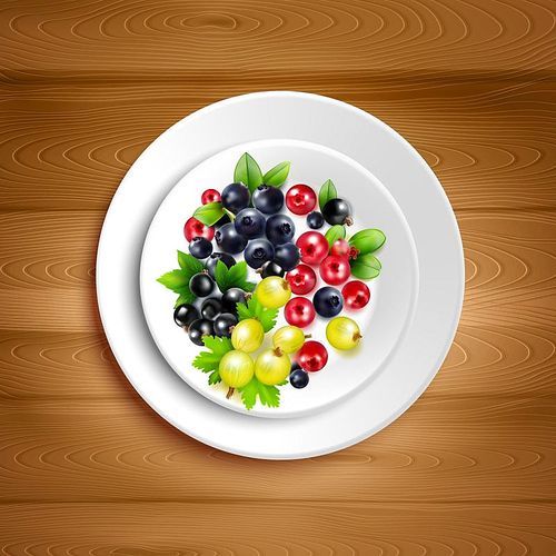 White plate with colorful mix of berry clusters and green leaves on wood background realistic vector illustration