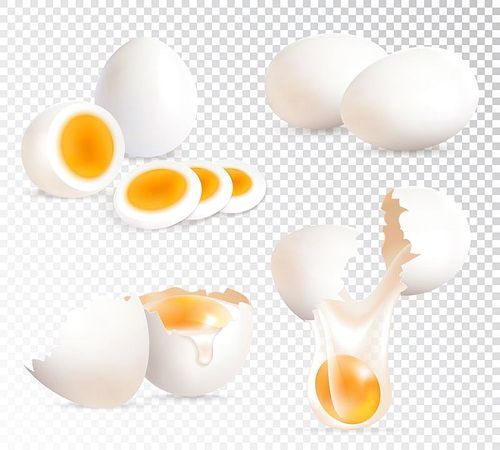 Realistic set of hard boiled and uncooked eggs isolated on transparent background vector illustration