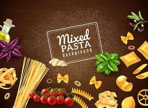 Realistic brown background with mixed kinds of pasta and various extra ingredients vector illustration