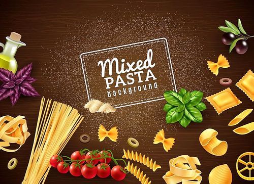 Realistic brown background with mixed kinds of pasta and various extra ingredients vector illustration