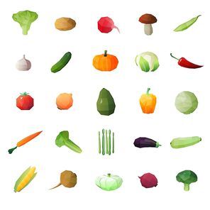 Vegetables polygonal set of twenty five isolated polyangular ripe green stuff single images on blank background vector illustration