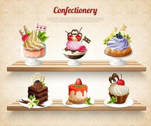 Confectionery with colorful desserts and yummy cakes on wooden shelves on textured beige background vector illustration