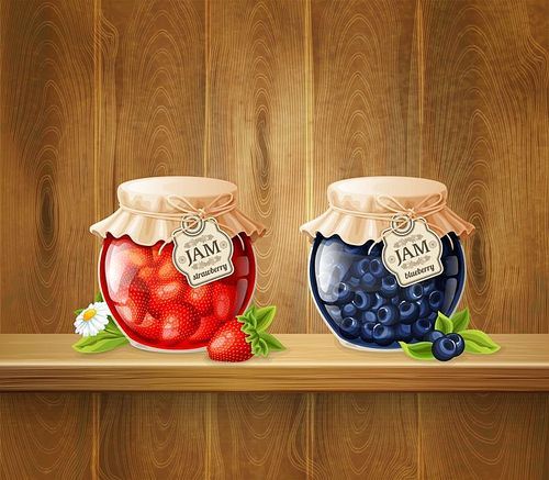 Jars with strawberry and blueberry jam decorated flower at shelf on wooden planks background 3d vector illustration
