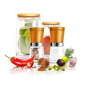 Spices 3d composition with bay leaves in glass jar pepper mill nutmeg on white background vector illustration