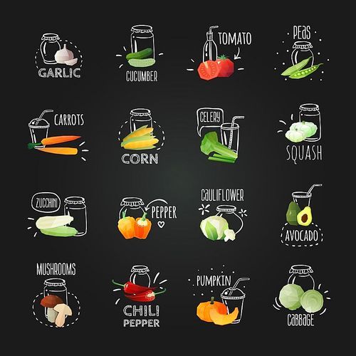 Vegetables chalkboard set of isolated image compositions with hand drawn style text descriptions and fruit image vector illustration