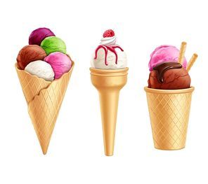 Set of realistic colorful ice cream in waffle cones with berry and chocolate syrup isolated vector illustration