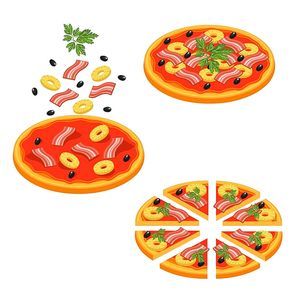 Colored pizza sliced isometric icon set with stages of pizza making step by step vector illustration