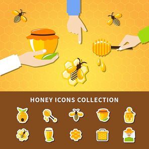 Honey and hands composition with people who hold in their hands pods with honey and stick vector illustration