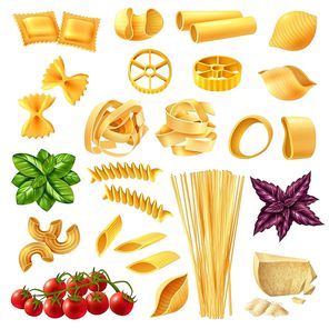 Realistic set of pasta including penne, fusilli, tagliatelle, farfalle, spaghetti, cheese, tomato and basil isolated vector illustration