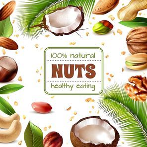 Realistic frame with various kinds of nuts and leaves on white background vector illustration