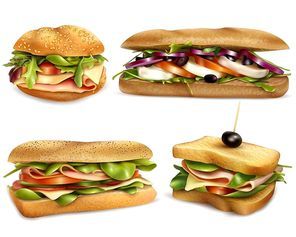 Fresh healthy whole grain sandwiches set with cheese ham mozzarella tomatoes onion and olives realistic vector illustration
