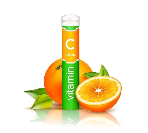 Vitamin C in colorful plastic container and oranges with green leaves on white background 3d vector illustration