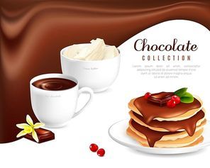 Chocolate collection poster with hot chocolate and pancakes cartoon vector illustration