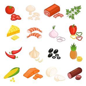 Pizza ingredients icons set with tomato onion and sausage flat isolated vector illustration