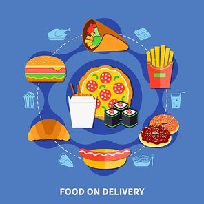 Fast food restaurant delivery service flat online menu poster with pizza burger donuts blue background  vector illustration