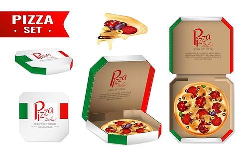 Realistic set with pizza for sale in cardboard box in colors of italian flag isolated vector illustration