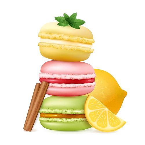 Macaroon composition with three almond cakes on top of each other with cinnamon stick and lemon slices vector illustration