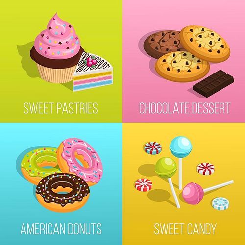 Confectionery  cartoon concept icons set with donuts and cookies isolated vector illustration