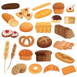 Set of bakery products including wheat and rye bread, spikes, glazed buns, cookies, bagels isolated vector illustration