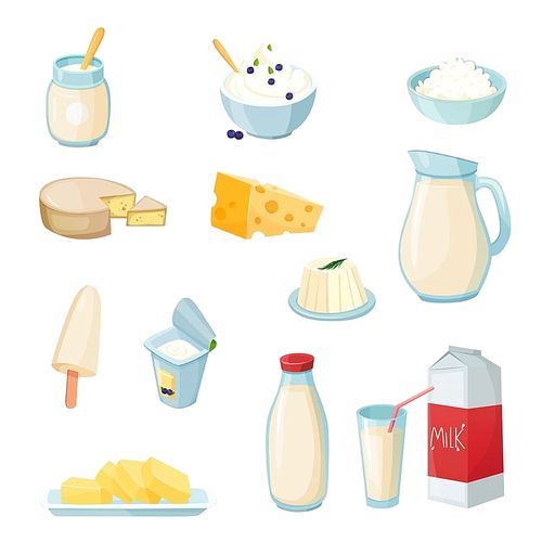 Dairy products set with milk in various packaging cheese yogurt butter curd sour cream isolated vector illustration