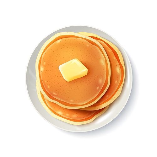 Breakfast food menu item tasty fluffy homestyle pancakes with butter plate realistic top view image vector illustration