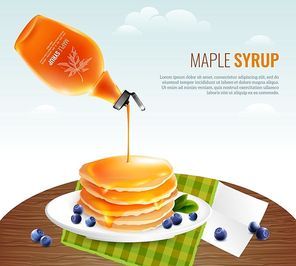 Maple syrup concept with table pancakes and berries cartoon vector illustration