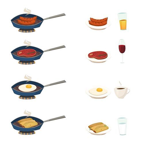 pan set with  breakfast dishes so as fried frankfurter crepes meat eggs vector illustration