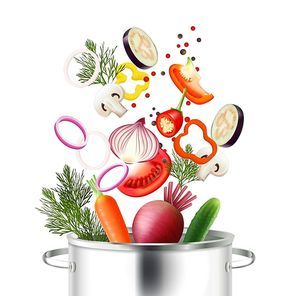 Vegetables and pot realistic concept with ingredients and cooking symbols vector illustration
